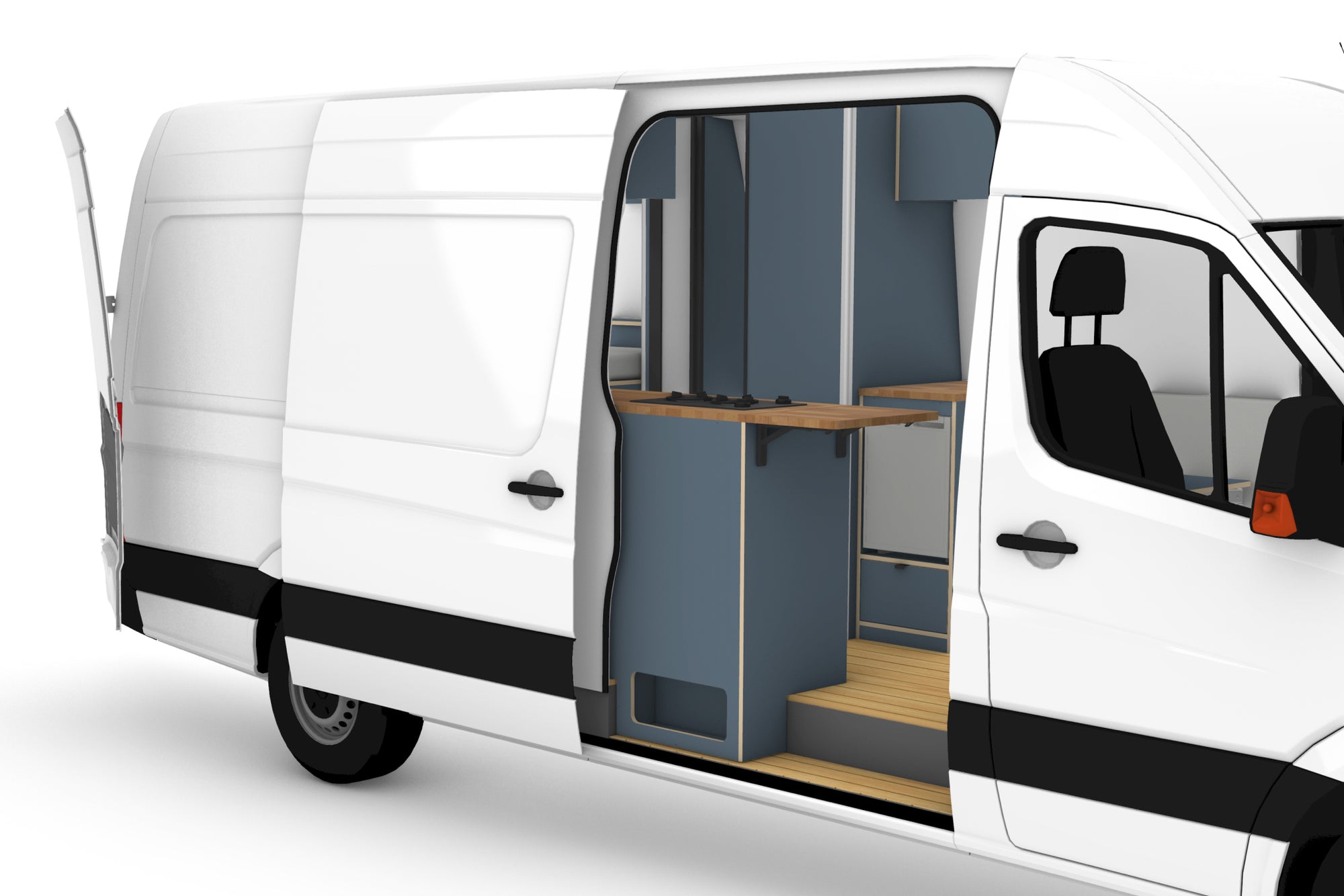 3D CAD model of Mercedes Sprinter LWB camper layout for DIY conversion - internal view
