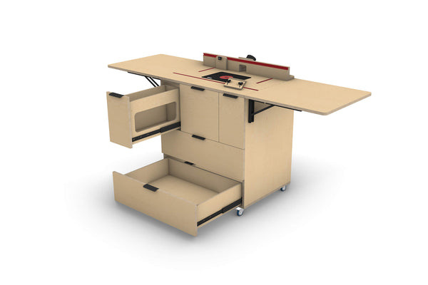 Front view render of Router Trolley plans by Cam Made with table wings deployed down and drawers open.