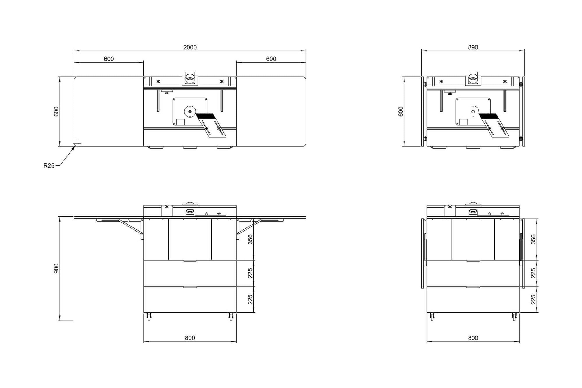 Dimension drawings for Router Trolley plans in mm. Plans by Cam Made.