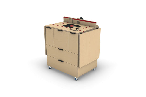 Front view render of Router Trolley plans by Cam Made with table wings folded down and drawers closed.