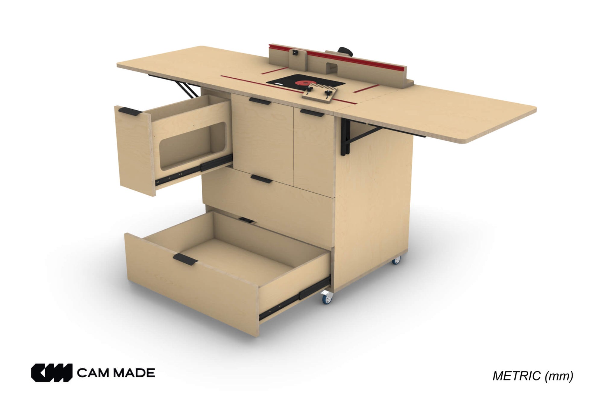 Rendered view of finished router Trolley with open drawers. Plans by Cam Made.