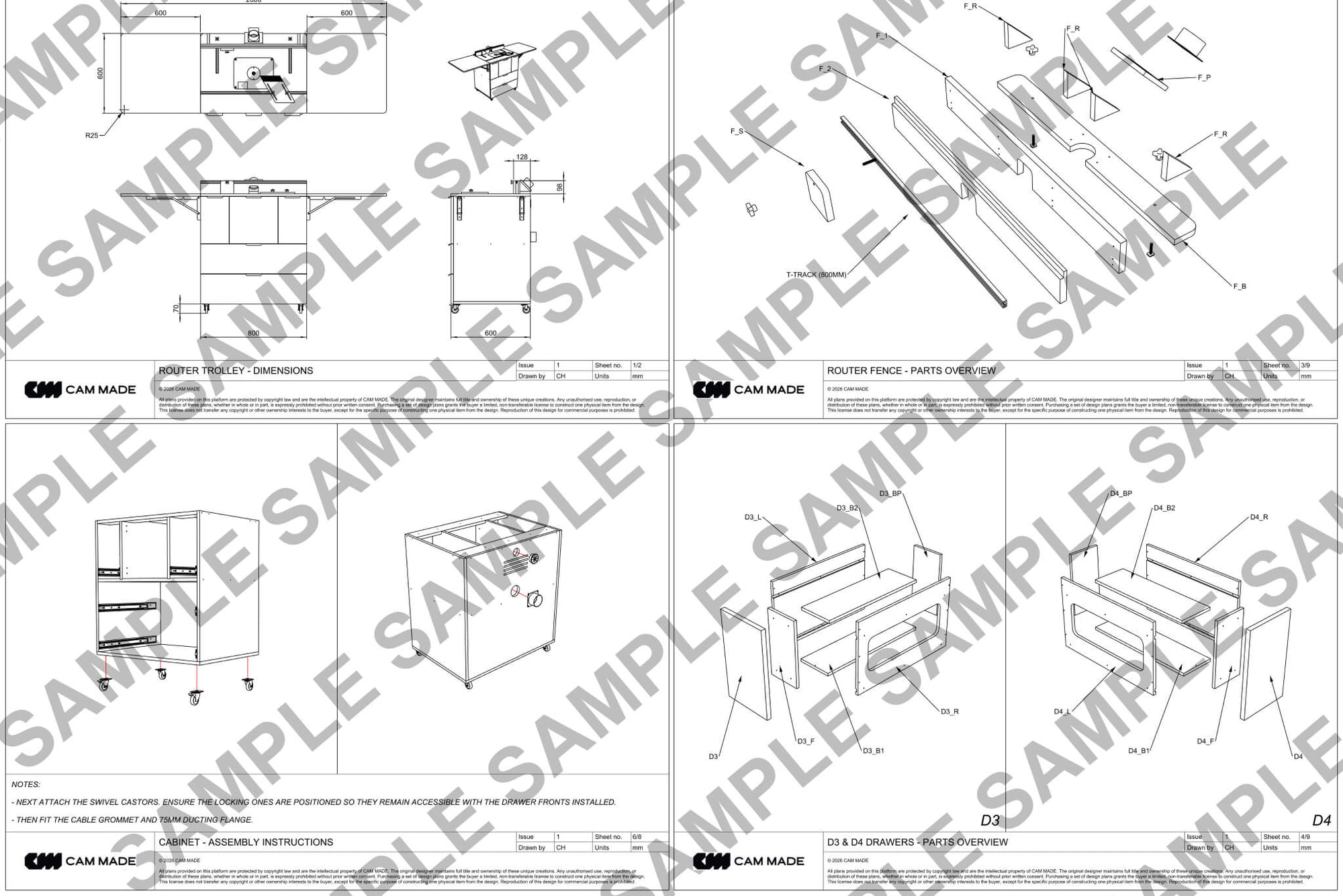 Example assembly drawings for Router Trolley plans in mm by Cam Made.